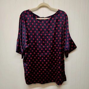 ST. JOHN Silk Navy Blue Red PolkaDot Short Sleeve Tunic Blouse Womens Size Large
